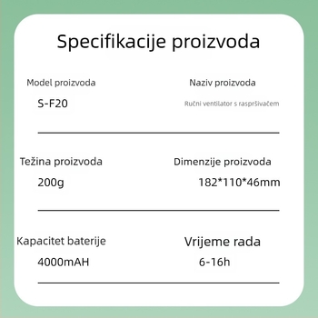 Ručni ventilator s raspršivačem, ugrađena baterija 4000–6000 mAh, USB punjenje, prenosno, 5 lopatica