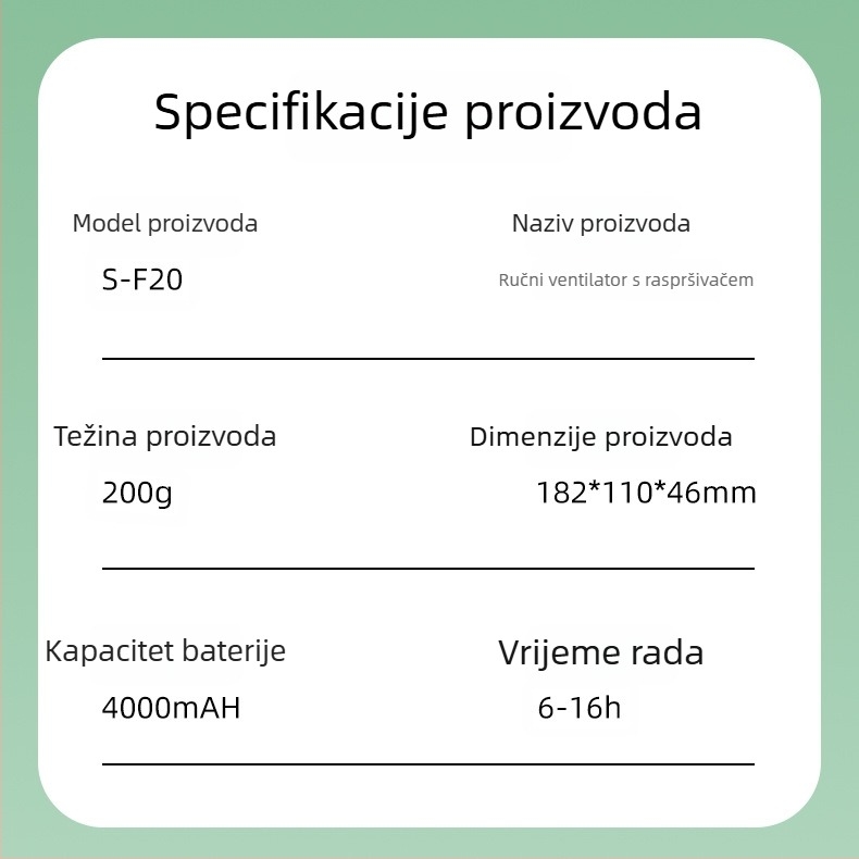 Ručni ventilator s raspršivačem, ugrađena baterija 4000–6000 mAh, USB punjenje, prenosno, 5 lopatica