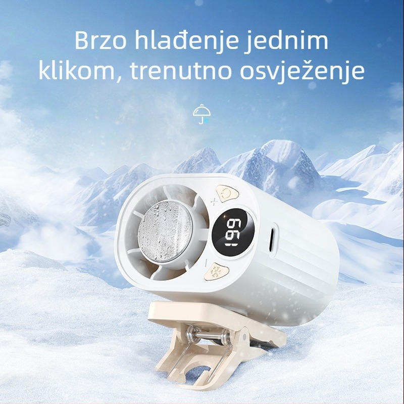 X30 klip ventilator za vanjsku upotrebu, USB punjenje, prijenosni ventilator s hlađenjem ledom, 5 brzina, brushless motor