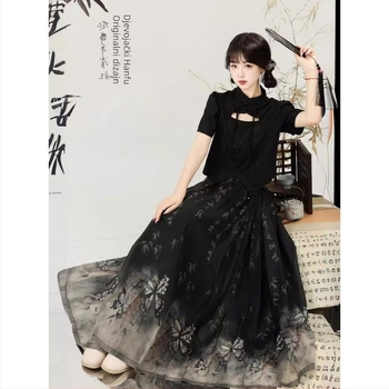 Butterfly Whisper 2024 kineski stil Hanfu set za žene, siva brokatna haljina i suknja s kaligrafskim motivom konjske glave, Horse-Face