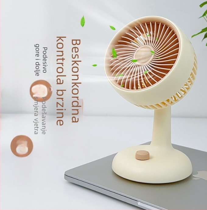 Stolni ventilator s graviranim logom, USB punjenje, tih, 5 lopatica, ugrađena baterija, 6 brzina, za ured i studentski dom