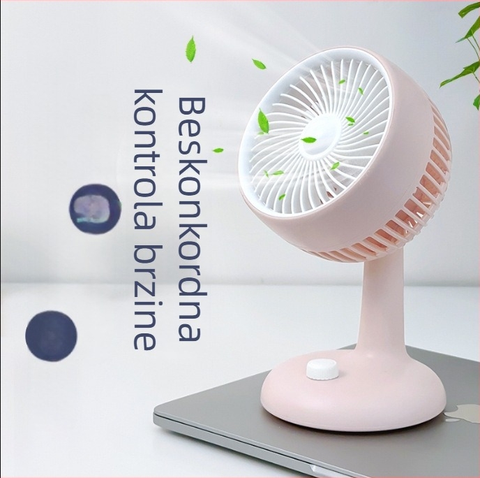 Stolni ventilator s graviranim logom, USB punjenje, tih, 5 lopatica, ugrađena baterija, 6 brzina, za ured i studentski dom
