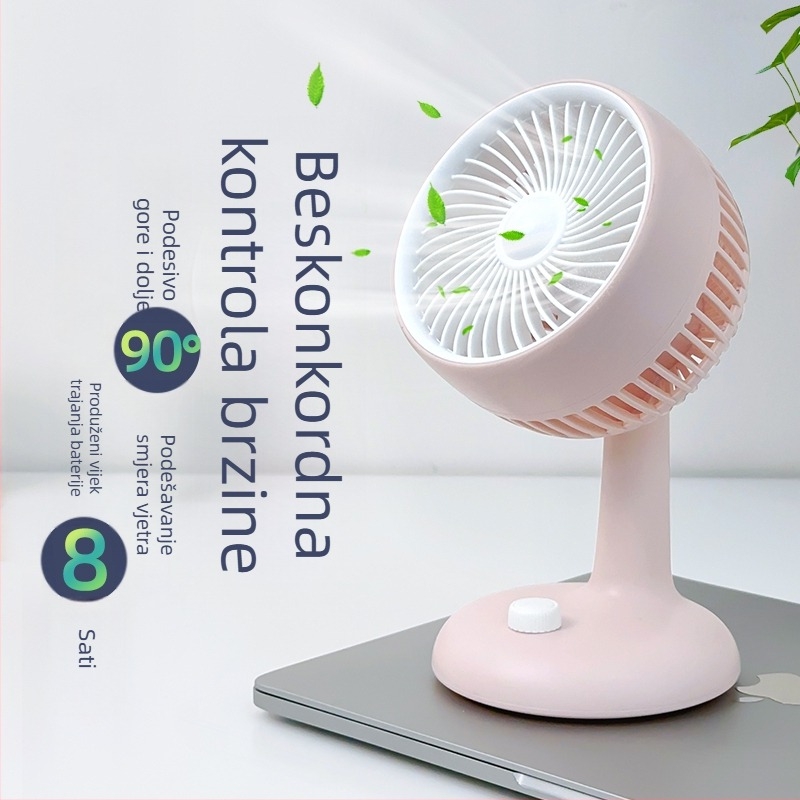 Stolni ventilator s graviranim logom, USB punjenje, tih, 5 lopatica, ugrađena baterija, 6 brzina, za ured i studentski dom