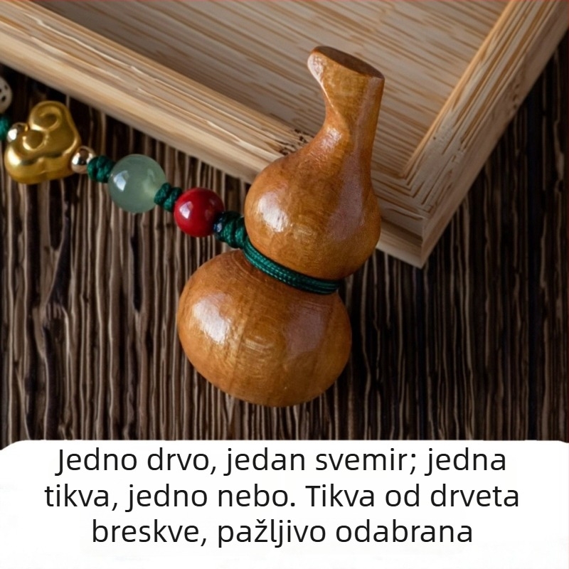 Ključevni privjesak od drveta breskve u obliku kalabashe, ručno pletena konopna šnura