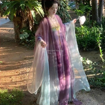 Ženski hanfu, novi proljeće-ljeto-jesen stil, ružičasta, zelena i ljubičasta, jednopartski ruqun s vezom i otiskom, set s velikim rukavima, 2026