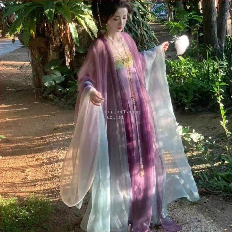 Ženski hanfu, novi proljeće-ljeto-jesen stil, ružičasta, zelena i ljubičasta, jednopartski ruqun s vezom i otiskom, set s velikim rukavima, 2026
