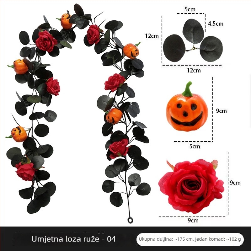 Umjetna ruža – Halloween dekoracija za unutarnje prostore, viseća s crnim ratanom