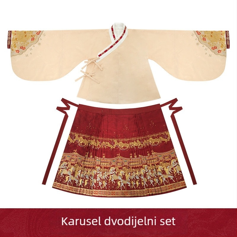 2026 Ming dinastije inspirirana tradicionalna odjeća, odjevni set za Novu godinu u godini Konja, crveni set suknji s motivom lica konja za odrasle, ženski vjenčani stajling