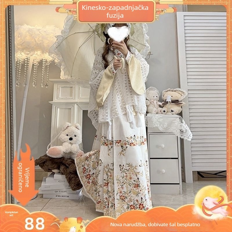Ženski Hanfu set u Ming stilu: kratka bluza s preklopnim ovratnikom, rukavi u stilu pipa i suknja Mamian, Lolita inspiriran outfit