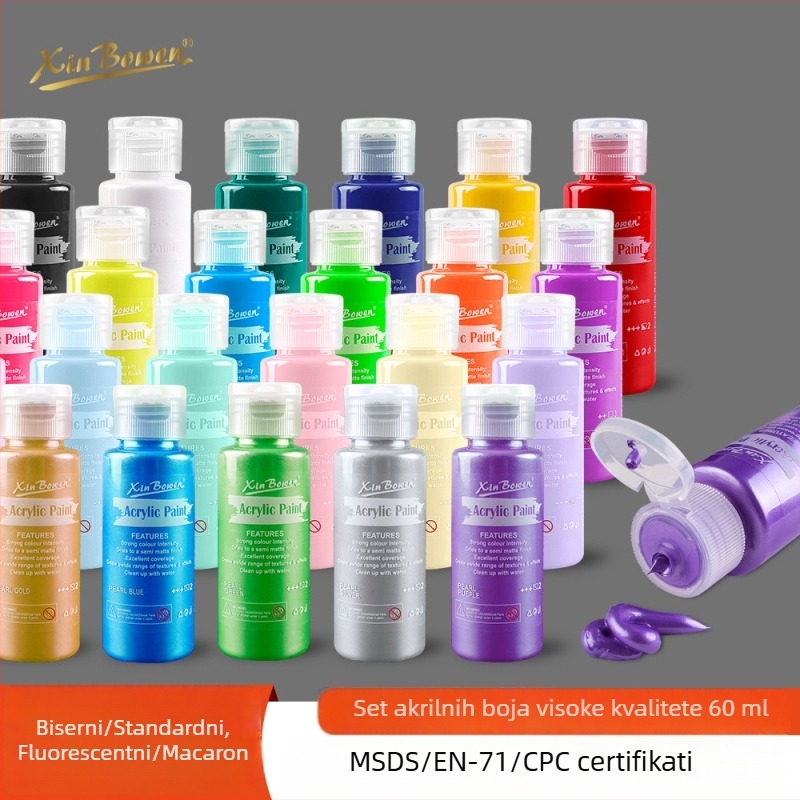 Xinbowen akrilne boje 60 ml, perlasto fluorescirajuće makaron boje za crtanje prstima, set od 6 boja