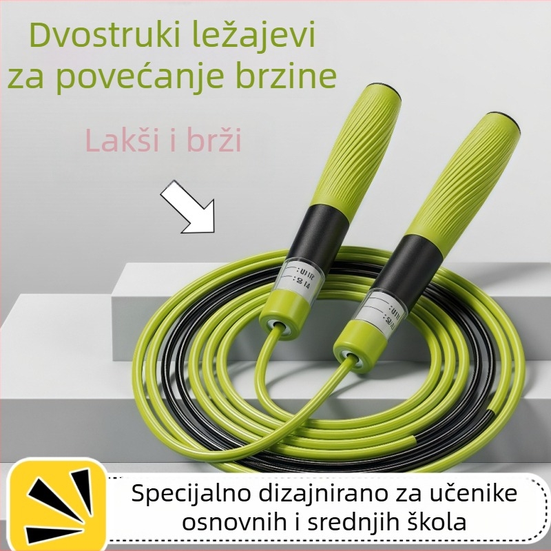 Profesionalno brzinsko užad za preskakanje s ležajevima, duljina 2,8 m, PVC užad, ručke od PP i silikonskog gela, pogodno za školske sportske aktivnosti i fitness.