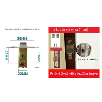 Brava za kupaonicu s jezičkom, legura cinka, za unutarnja vrata od aluminija, 30–45 mm