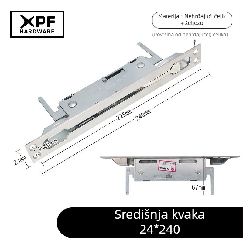 Centralni upravljački zasun za kućna vrata sigurnosna — mehanički zasun, 24x240mm, materijal: nehrđajući čelik i željezo