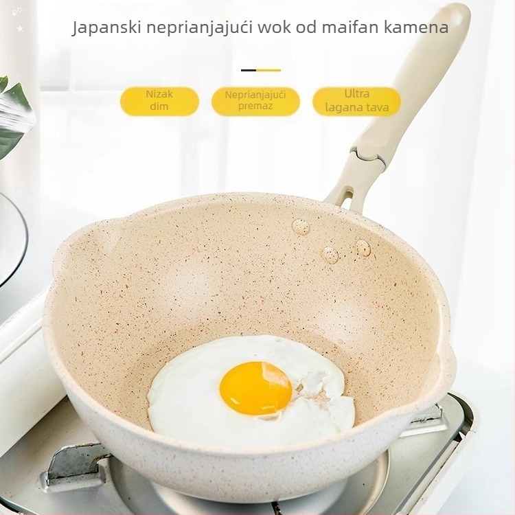 Neprijanjajući wok s Maifan kamenom, mali, plitko dno, za prženje i dinstanje, pogodan za plinsku ploču i indukciju