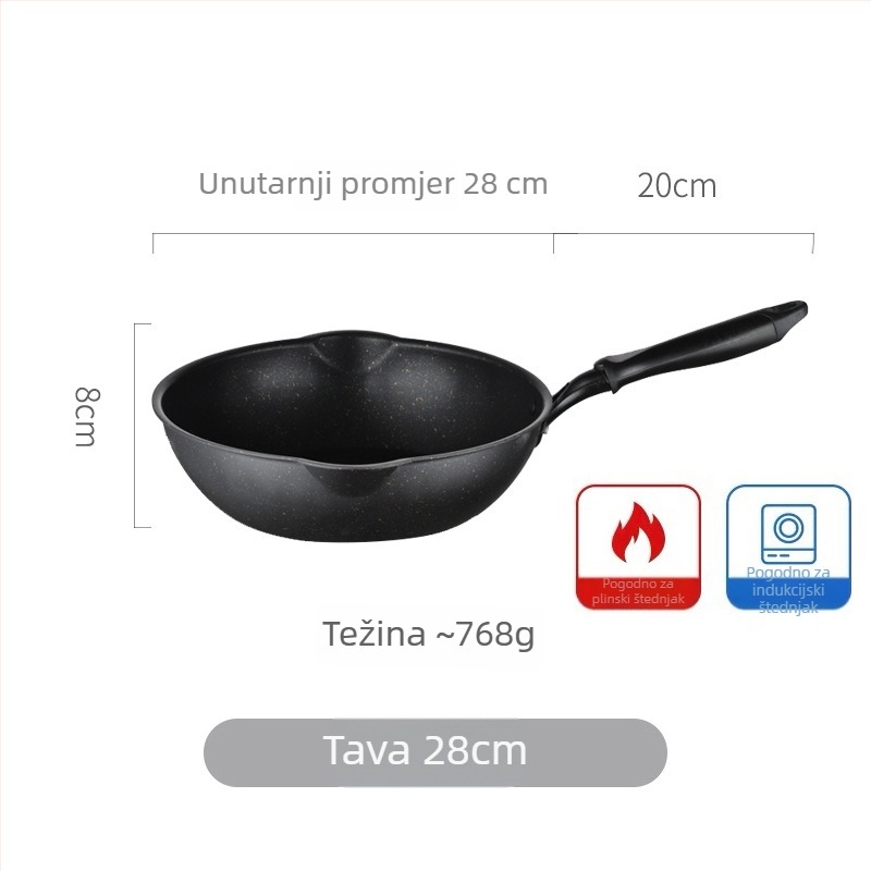 Neprijanjajući wok s Maifan kamenom, mali, plitko dno, za prženje i dinstanje, pogodan za plinsku ploču i indukciju