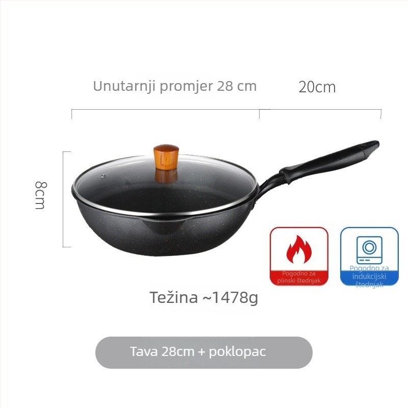 Neprijanjajući wok s Maifan kamenom, mali, plitko dno, za prženje i dinstanje, pogodan za plinsku ploču i indukciju