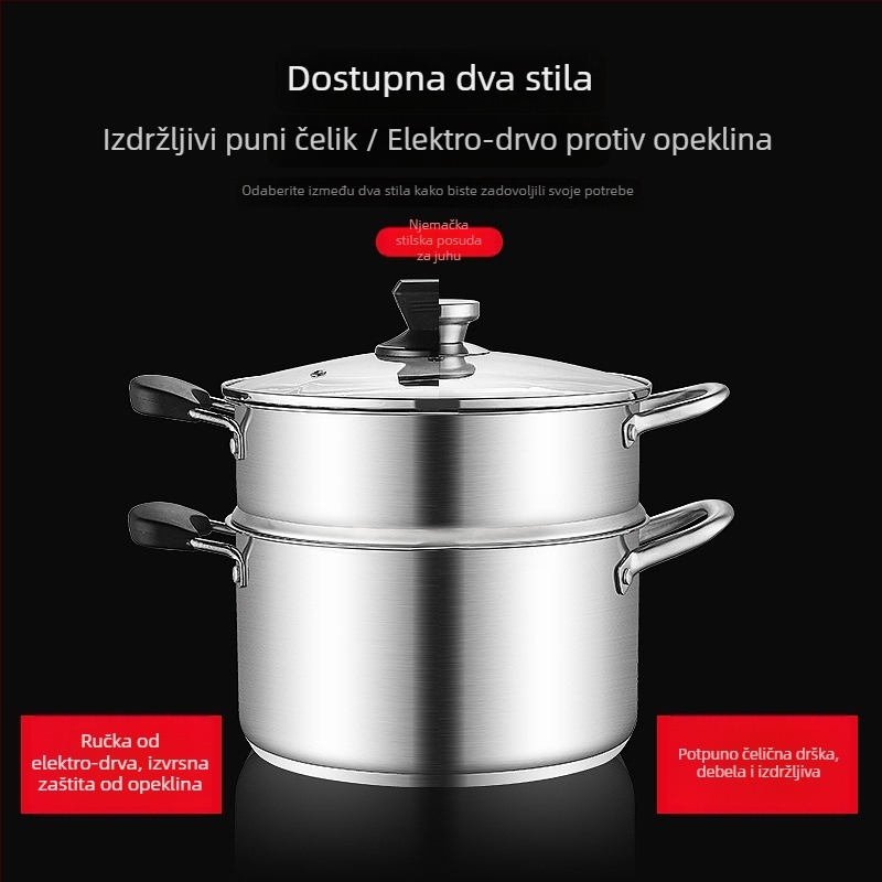 Lonac za juhu od nehrđajućeg čelika 304, s ravnim stranama, velik kapacitet, visoki rubovi za sprječavanje prelijevanja, dvostruki dno, kućna i komercijalna upotreba