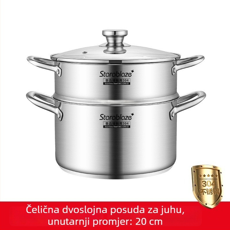 Lonac za juhu od nehrđajućeg čelika 304, s ravnim stranama, velik kapacitet, visoki rubovi za sprječavanje prelijevanja, dvostruki dno, kućna i komercijalna upotreba