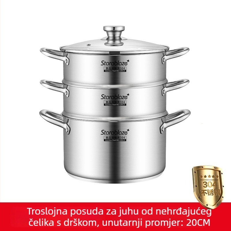 Lonac za juhu od nehrđajućeg čelika 304, s ravnim stranama, velik kapacitet, visoki rubovi za sprječavanje prelijevanja, dvostruki dno, kućna i komercijalna upotreba