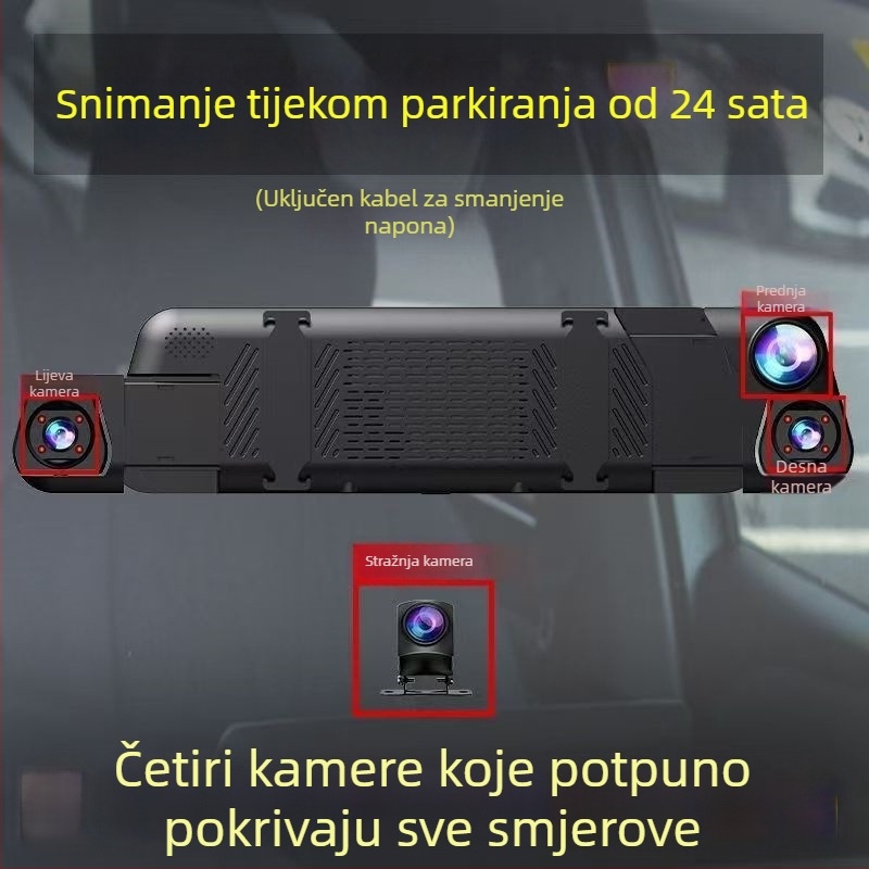 Automobilska dash kamera s četiri leće: prednja, lijeva, desna i stražnja, Wi‑Fi dodirni zaslon, prikaz za vožnju unazad, noćni vid, 1080p, 9,66 inčni zaslon