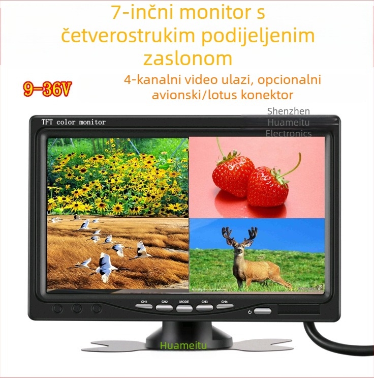 7-inčni LCD zaslon s četiri dijela za 4-kanalni video, monitor za stražnji pogled i sigurnosni nadzor za autobuse, kamione i kombajne