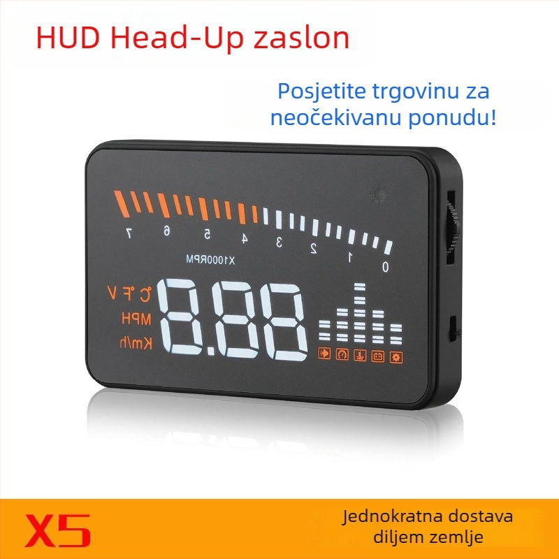 X5 Head-Up Display za automobil, univerzalni digitalni HUD, OBD-II mjerač brzine i potrošnje goriva