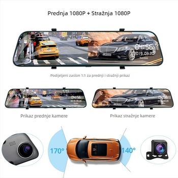 12-inčna auto dash kamera s prednjom i stražnjom dvostrukom lećom, dodirni zaslon, 1080p, 170° široki kut, noćno snimanje, nadzor parkiranja, Wi-Fi