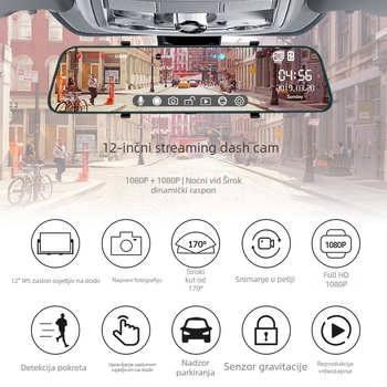 12-inčna auto dash kamera s prednjom i stražnjom dvostrukom lećom, dodirni zaslon, 1080p, 170° široki kut, noćno snimanje, nadzor parkiranja, Wi-Fi
