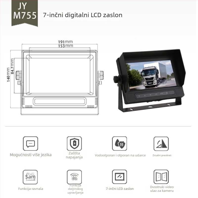 7-inčni auto LCD zaslon za kombije i kamione, HD prikaz za vožnju unatrag, vodootporan, dvo-kanalni ulaz
