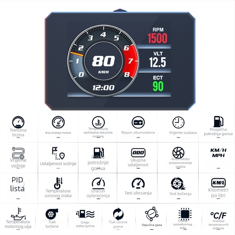 P16 Auto HUD Heads-Up Display s OBD2 dijagnostičkim alatom i testom ubrzanja, 3 inča LCD HUD