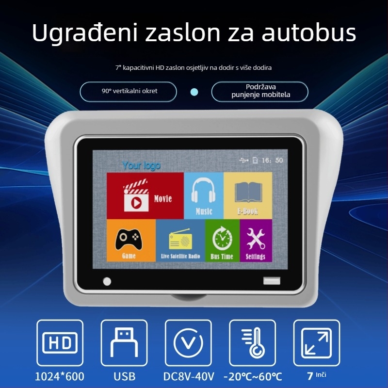 7-inčni ugrađeni automobil LCD zaslon za autobuse, MP5 zabava za stražnja sjedala