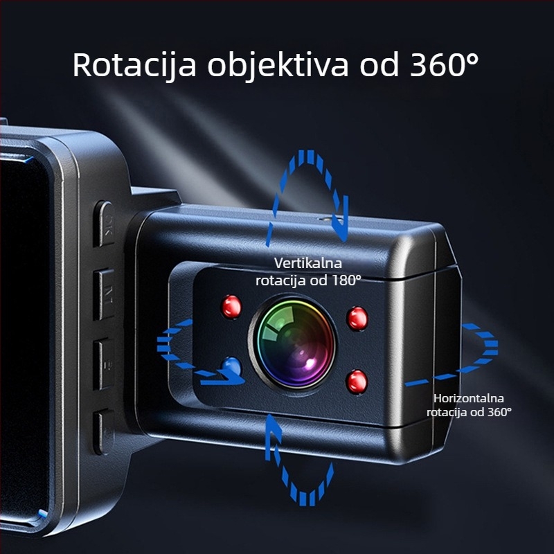 Trostruka kamera za automobil s 170° širokim kutom, noćno snimanje, unutarnje i vanjsko parkiranje, Wi-Fi, 1080p