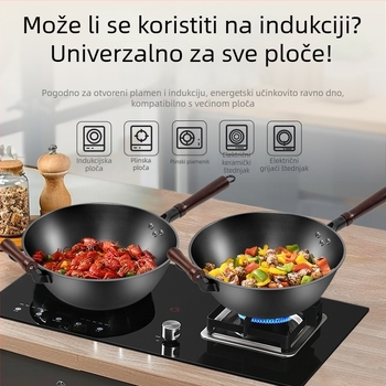 Tradicionalni željezni wok s plosnim dnom, dubok i debeo, veliki wok za kućnu upotrebu, pogodan za plinske i indukcijske štednjake.