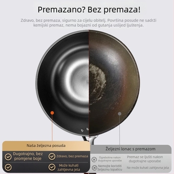 Tradicionalni željezni wok s plosnim dnom, dubok i debeo, veliki wok za kućnu upotrebu, pogodan za plinske i indukcijske štednjake.