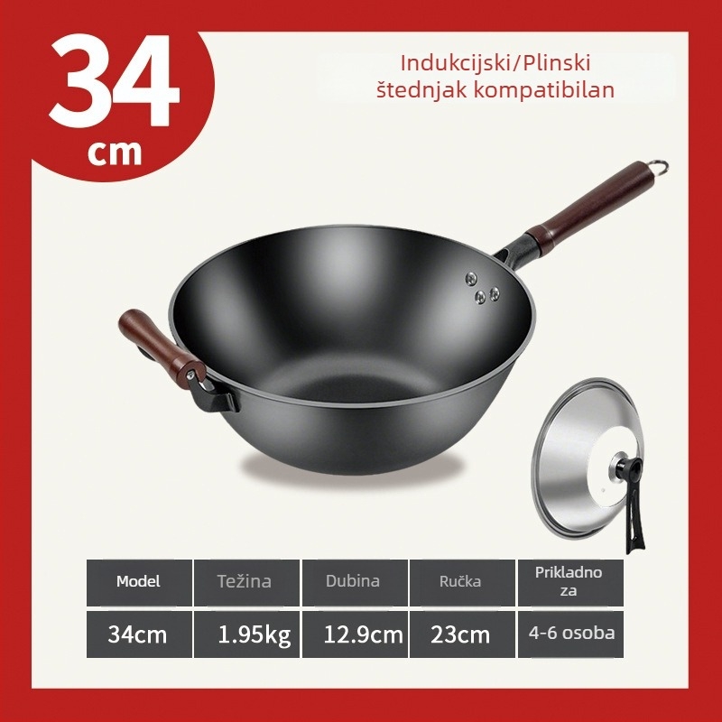 Tradicionalni željezni wok s plosnim dnom, dubok i debeo, veliki wok za kućnu upotrebu, pogodan za plinske i indukcijske štednjake.