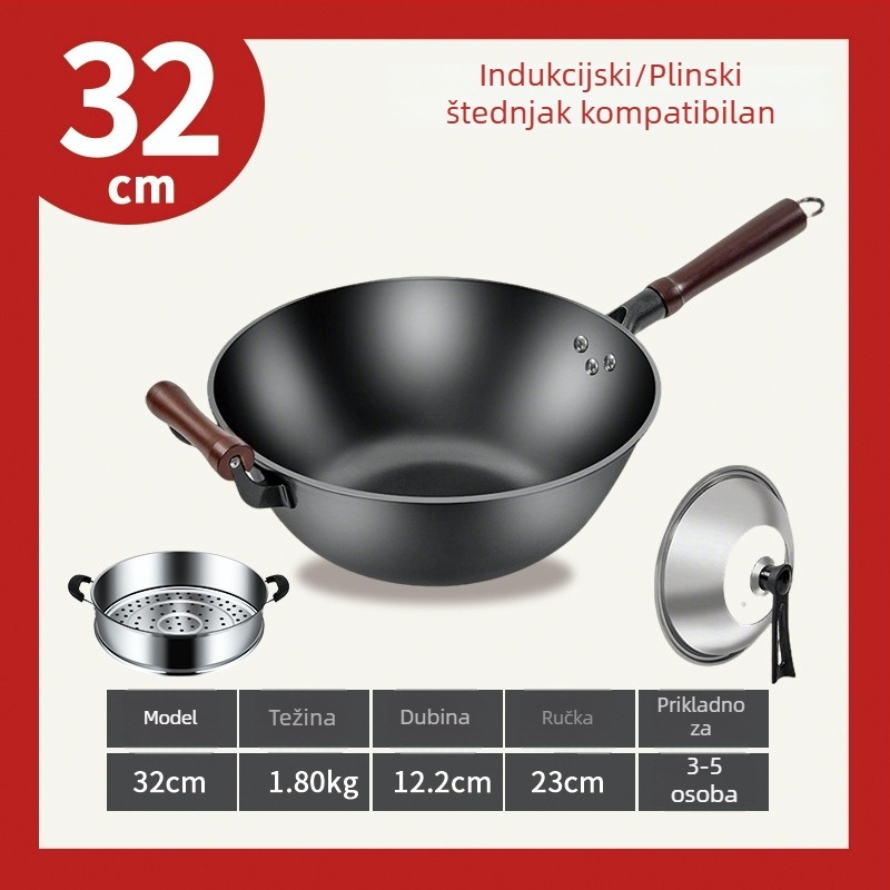 Tradicionalni željezni wok s plosnim dnom, dubok i debeo, veliki wok za kućnu upotrebu, pogodan za plinske i indukcijske štednjake.