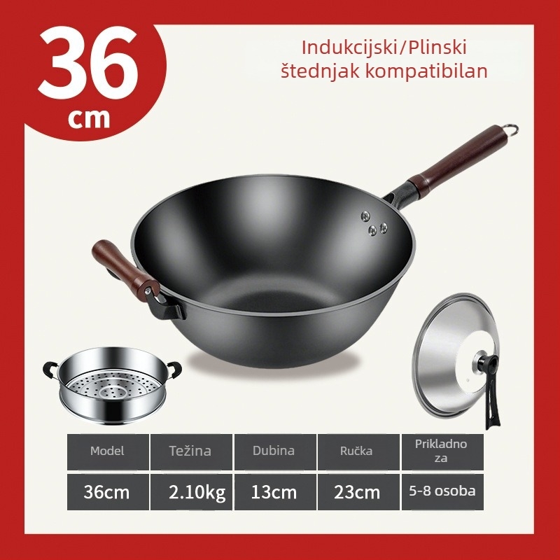 Tradicionalni željezni wok s plosnim dnom, dubok i debeo, veliki wok za kućnu upotrebu, pogodan za plinske i indukcijske štednjake.