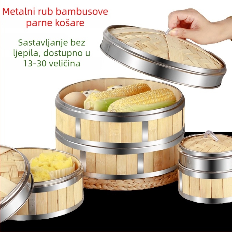 Bambusova parna kutija za dim sum s rubom od nehrđajućeg čelika, posuda za kantonski dim sum u restoranu