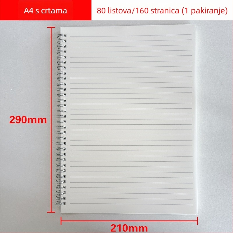 Set spiralno uvezanih bilježnica: veličine A4, A5, A6, A7 i B5; 80 stranica, papir 70 g/m², tanke vodoravne linije