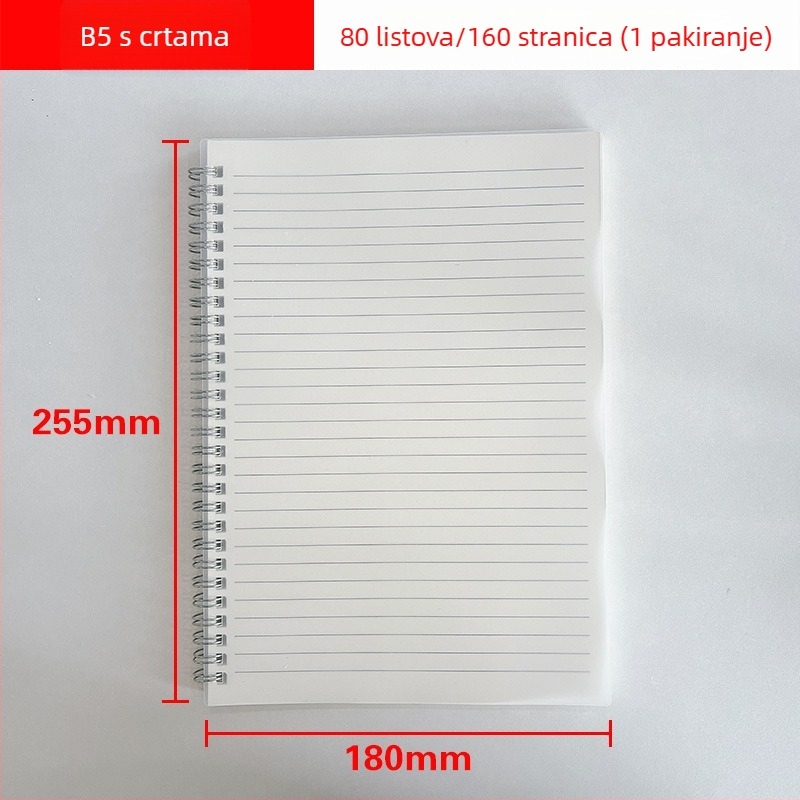 Set spiralno uvezanih bilježnica: veličine A4, A5, A6, A7 i B5; 80 stranica, papir 70 g/m², tanke vodoravne linije