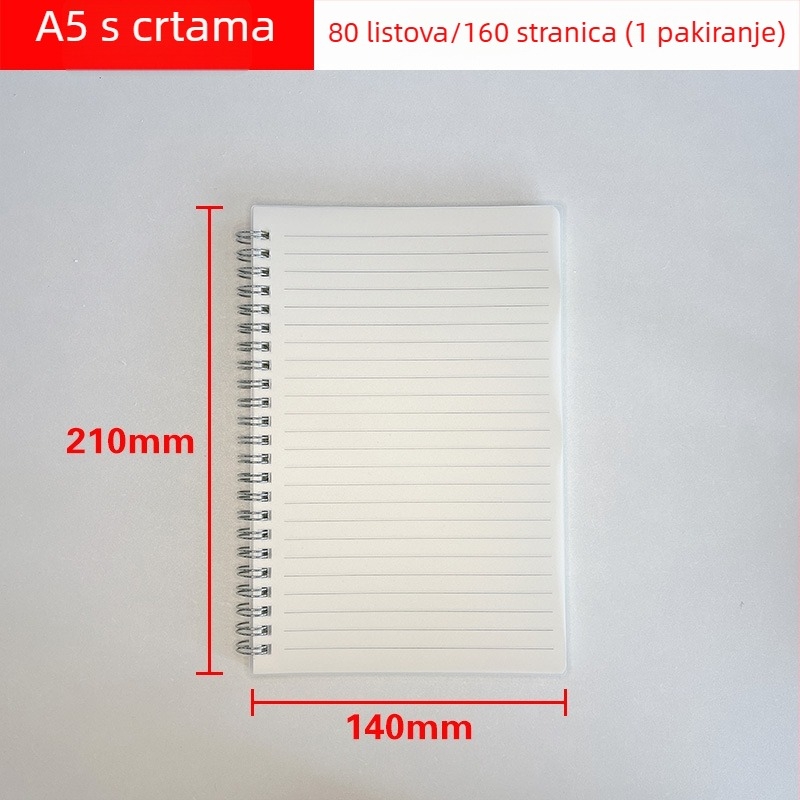 Set spiralno uvezanih bilježnica: veličine A4, A5, A6, A7 i B5; 80 stranica, papir 70 g/m², tanke vodoravne linije