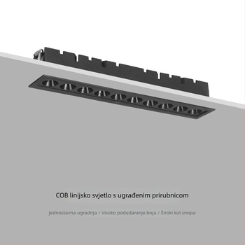 COB ugrađena linearna svjetiljka s rešetkom, za dnevni boravak, duga LED linijska rasvjeta, aluminijsko kućište, visok CRI