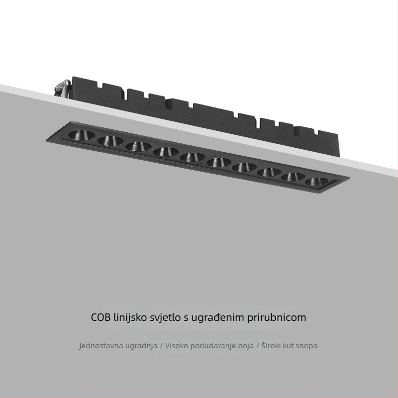 COB ugrađena linearna svjetiljka s rešetkom, za dnevni boravak, duga LED linijska rasvjeta, aluminijsko kućište, visok CRI