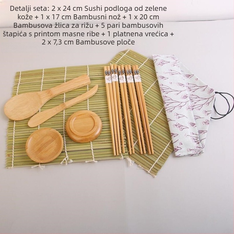 Bambus set alata za sushi: žlica za rižu, štapići za sushi i sushi mata — modularni set posuđa