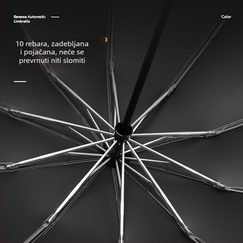 Automatska sklopiva kišobran za sunce i kišu, velika veličina, trodijelna konstrukcija, crno vinilno prekrivanje, UPF 50+ UV zaštita, aluminijske rebra, čelična osovina, plastična ručka