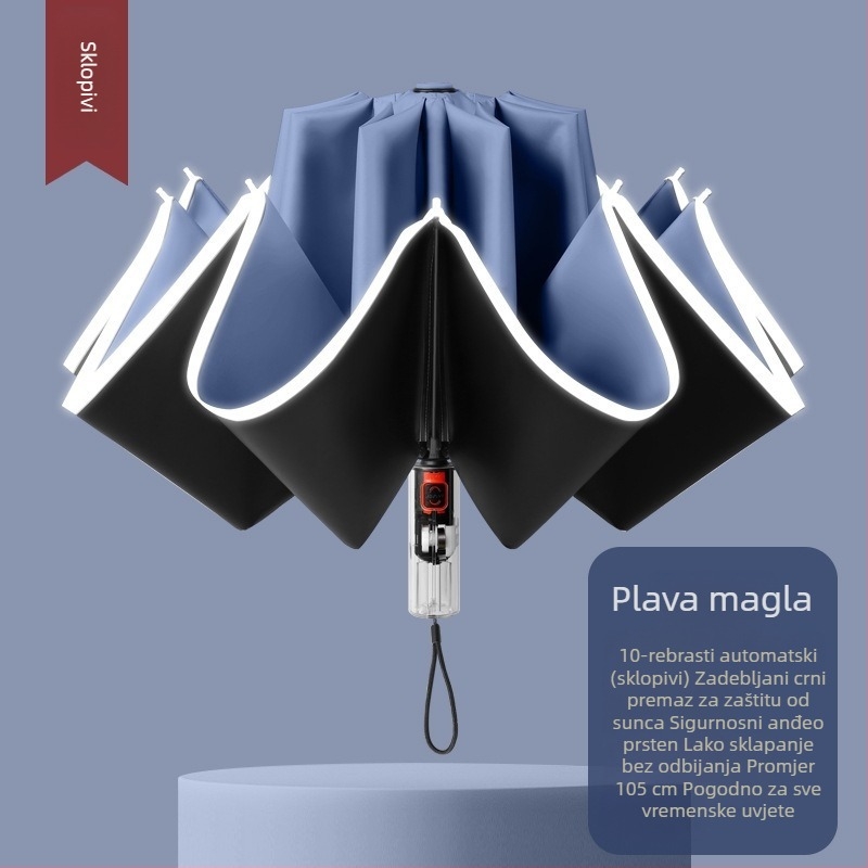 Automatska sklopiva kišobran za sunce i kišu, velika veličina, trodijelna konstrukcija, crno vinilno prekrivanje, UPF 50+ UV zaštita, aluminijske rebra, čelična osovina, plastična ručka