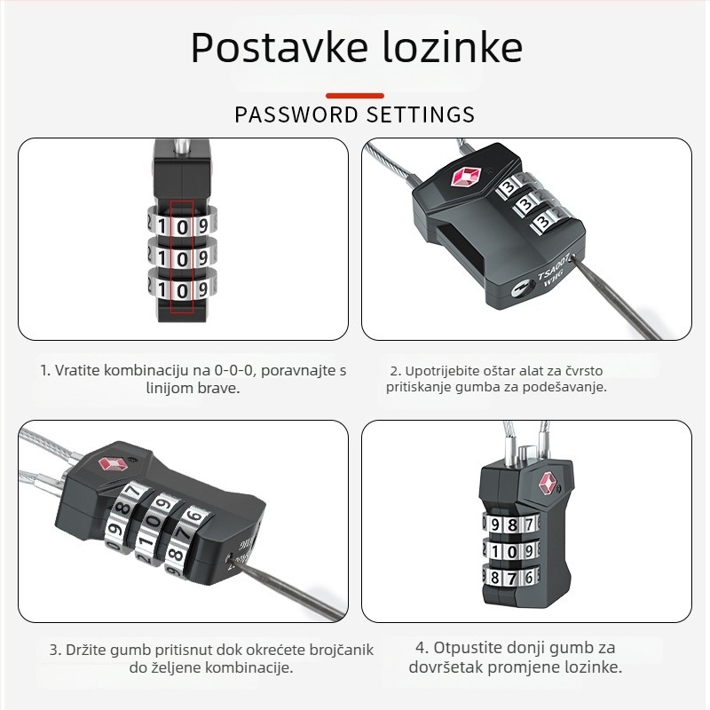 TSA odobreno zaključavanje prtljage s lozinkom i čeličnim užetom – cinkova legura, model TSA-532