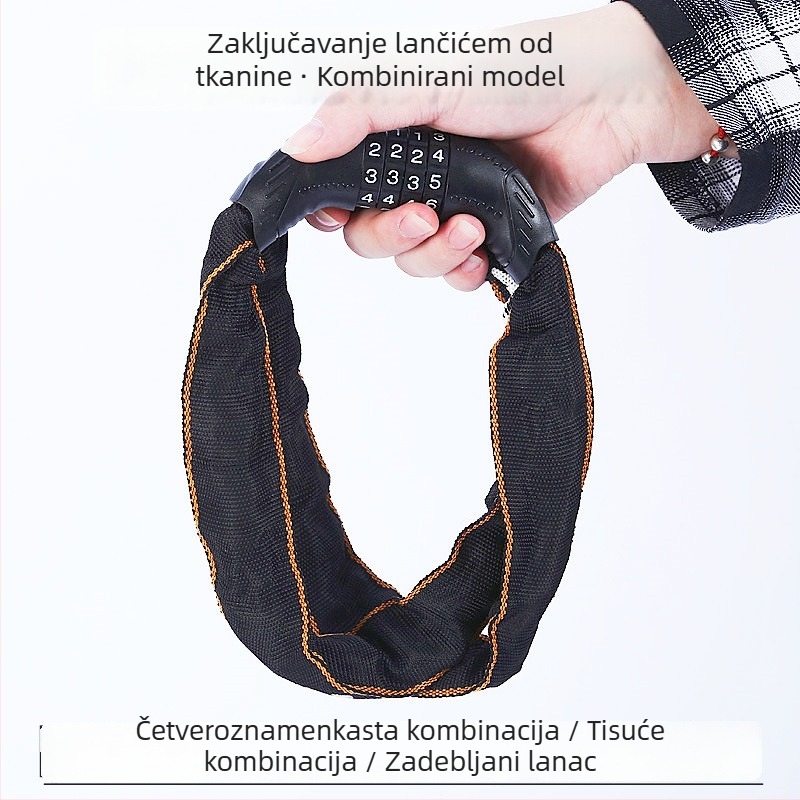Katanac s tekstilnim lancem i lozinkom za bicikl, električno vozilo i motocikl, s mogućnošću zaključavanja kacige