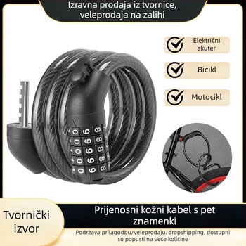 Petocifreni kombinacijski lokot za bicikl s čeličnim kabelom (PVC prevlak) – za bicikl, motocikl i električni bicikl