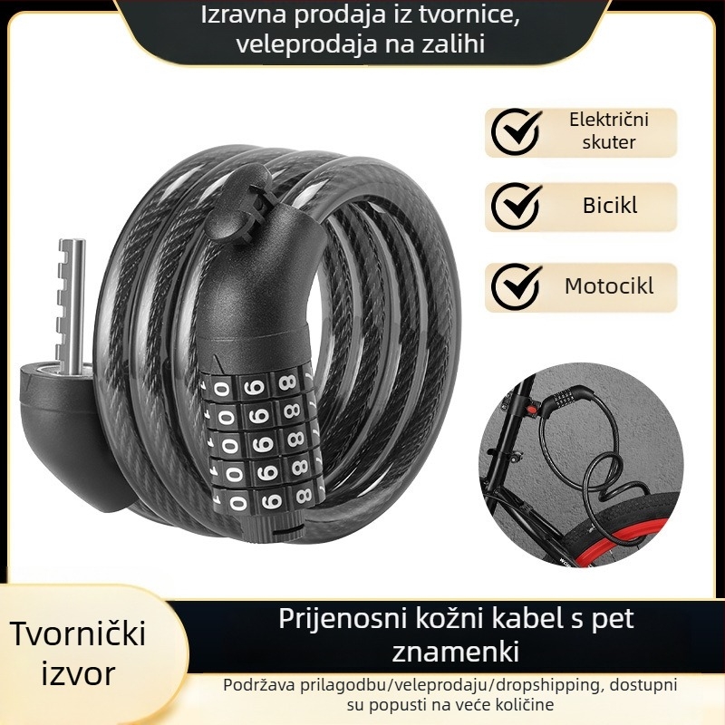 Petocifreni kombinacijski lokot za bicikl s čeličnim kabelom (PVC prevlak) – za bicikl, motocikl i električni bicikl